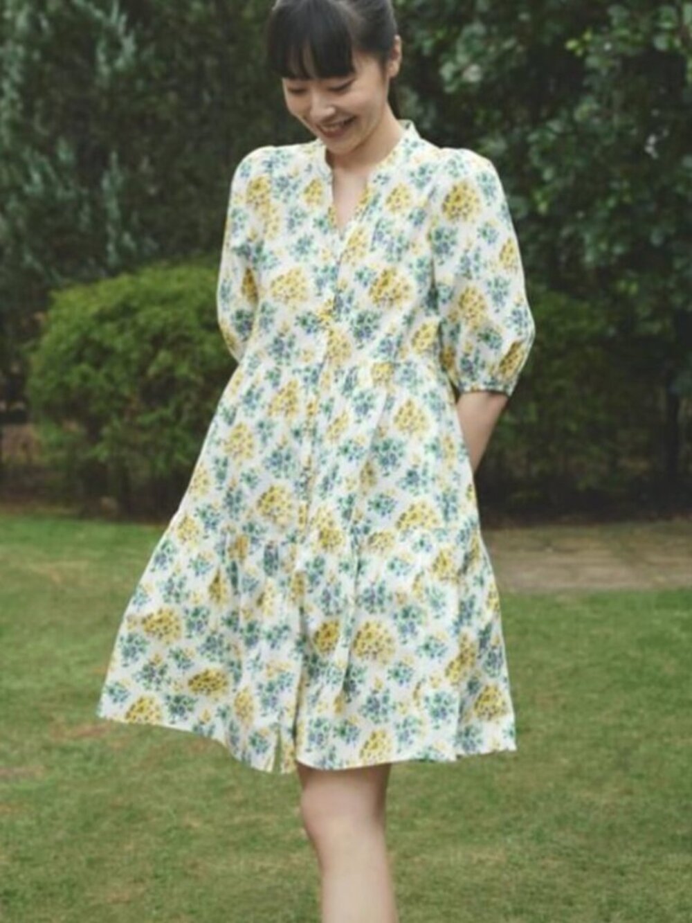 UNIQLO X PAUL & JOE Puff Sleeve Cotton Floral Tiered Dress with Pockets Size M - Picture 2 of 8